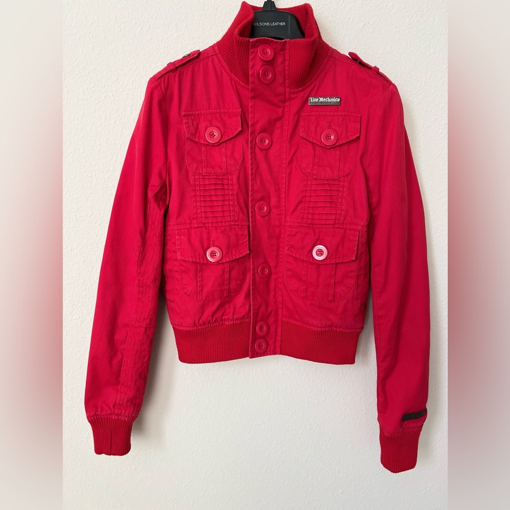 Live Mechanics Women’s Red Cotton Bomber Jacket (fits like Small)